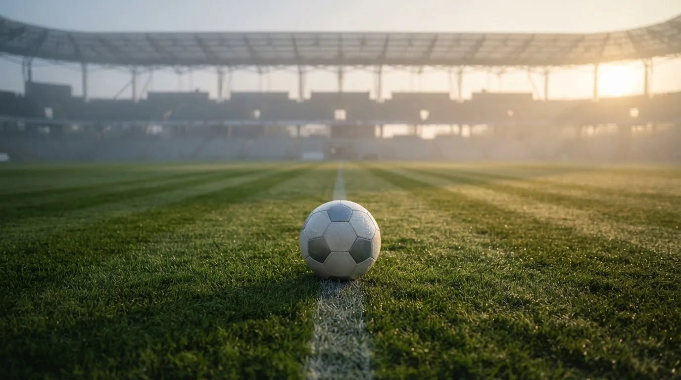 Ein Fußball liegt auf dem Mittelkreis eines leeren Rasenplatzes am frühen Morgen, im Hintergrund eine ferne Tribüne im Dunst.