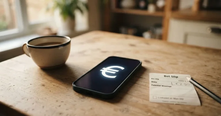 Ein Smartphone mit dunklem Display liegt neben einer Kaffeetasse und einigen Münzen auf einem hellen Holztisch, weiches Tageslicht fällt von links.