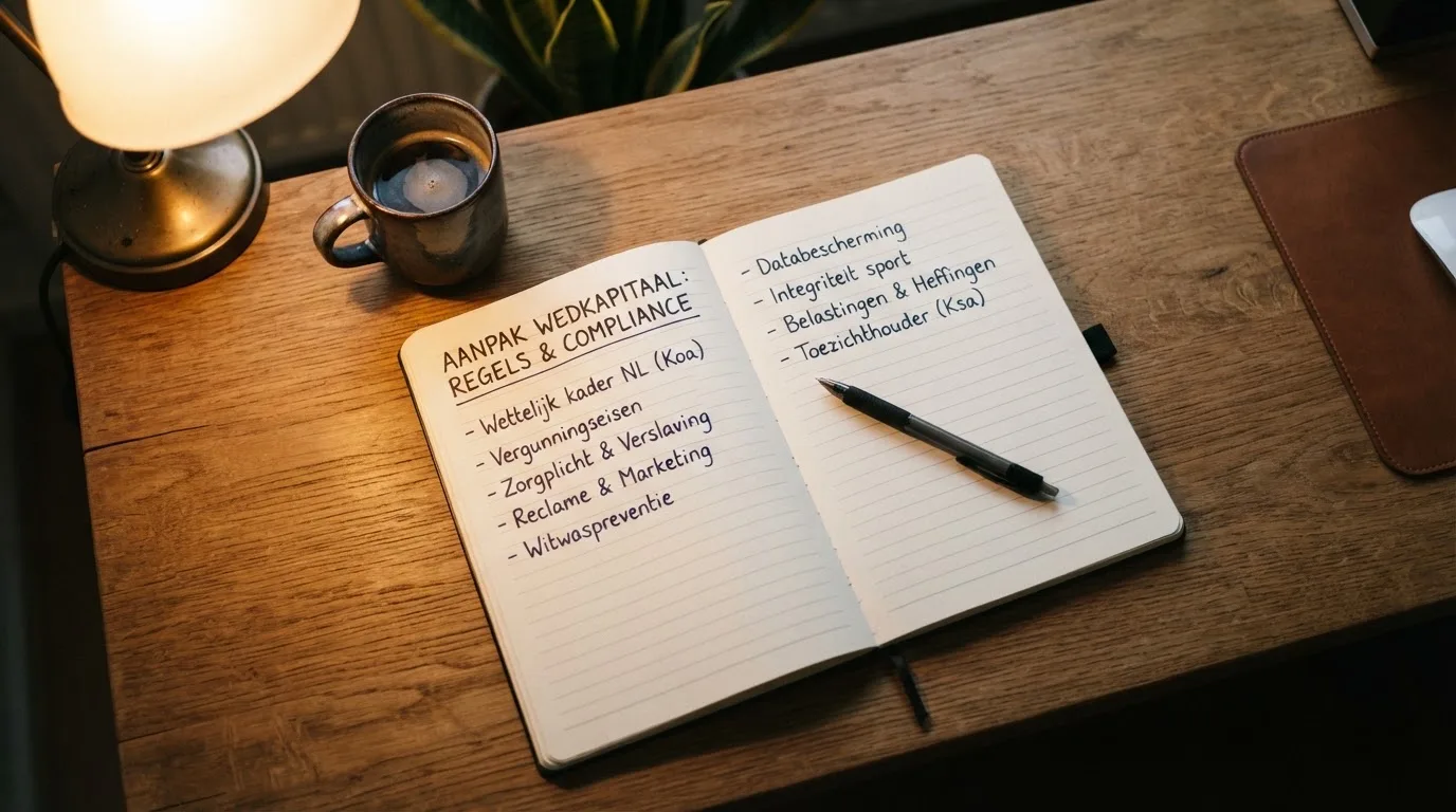 Ein Notizbuch mit handschriftlichen Notizen und ein Kugelschreiber liegen auf einem Schreibtisch neben einer Tasse, Blick schräg von oben.