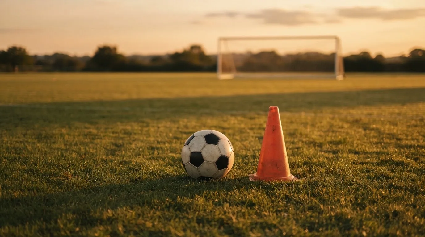 Ein Fußball liegt auf einem Trainingsplatz neben einem orangen Hütchen, Abendlicht fällt flach über den Rasen.