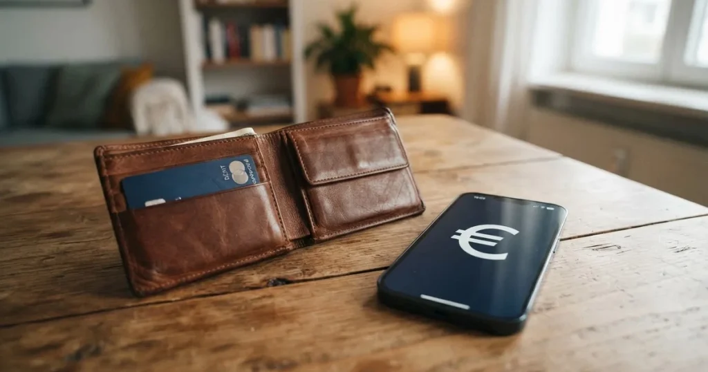 Ein Portemonnaie aus Leder liegt geöffnet auf einem Holztisch neben einem Smartphone mit dunklem Display, Fensterlicht fällt von der Seite.