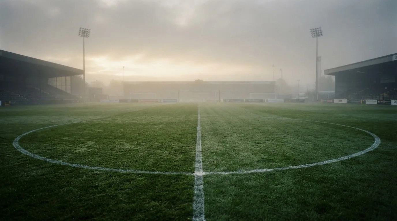 Ein leeres Fußballfeld im Morgennebel, die Mittellinie verliert sich im Dunst, kein Mensch ist zu sehen.