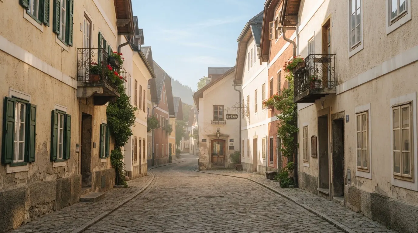 Ein ruhiger Straßenzug in einer Altstadt am Vormittag, helle Fassaden, keine Schilder, niemand ist zu sehen.