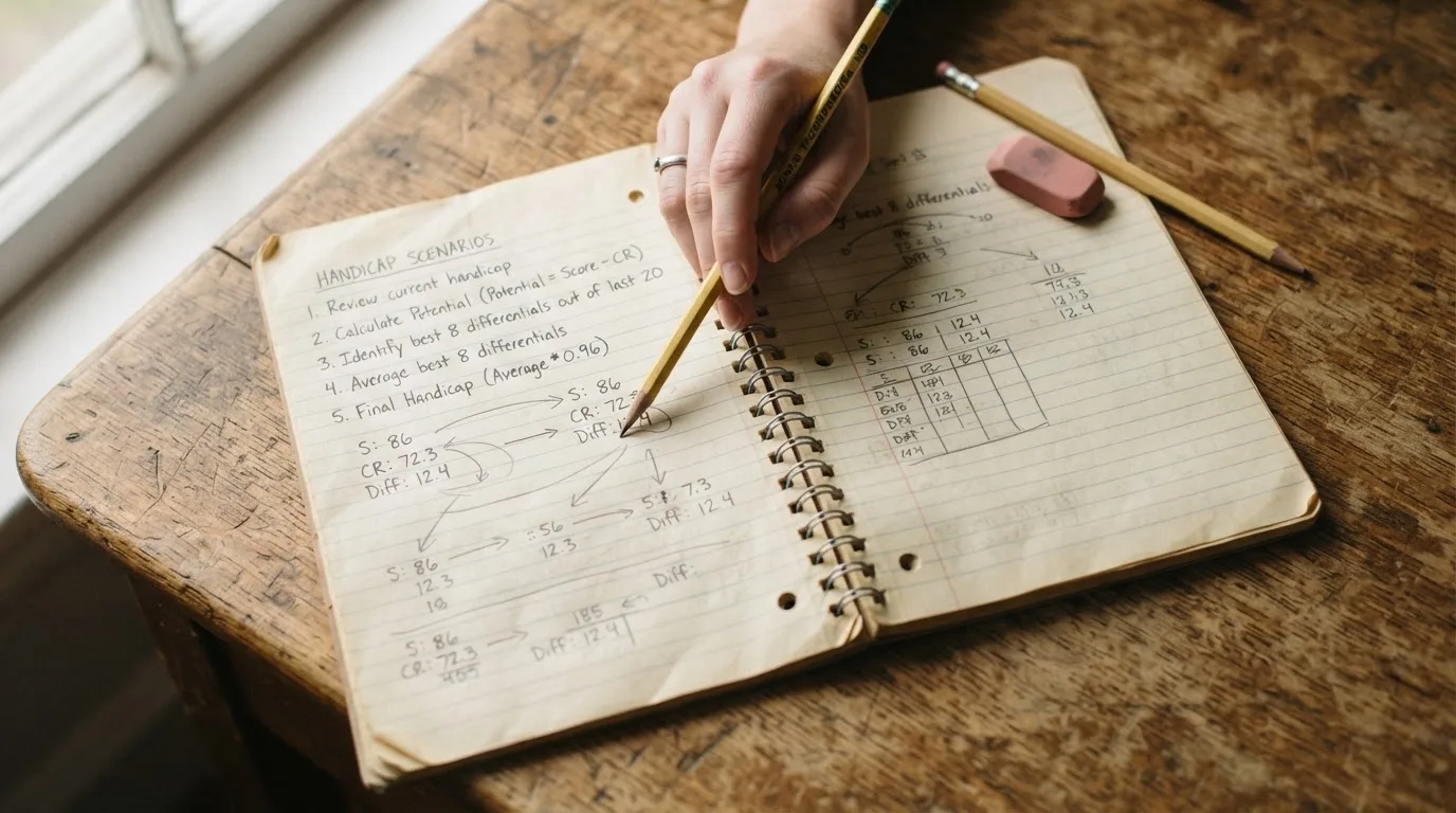 Ein aufgeschlagenes Notizbuch mit handschriftlichen Skizzen und Pfeilen liegt neben einem Bleistift auf einem Holztisch, Tageslicht fällt von der Seite.