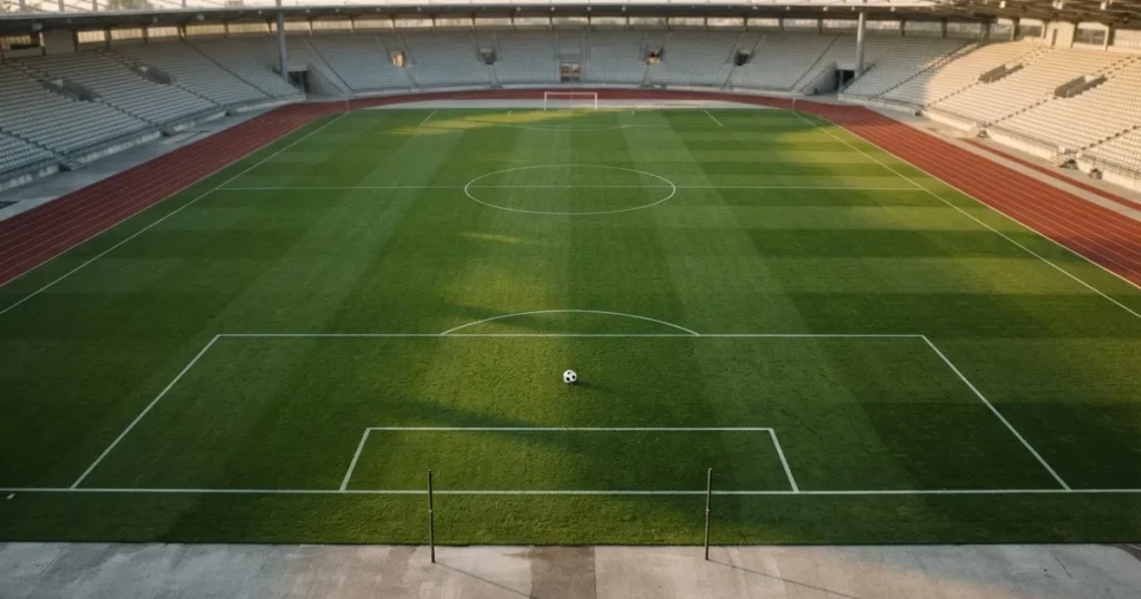 Ein Spielfeld aus der Vogelperspektive mit frisch gezogenen weißen Linien, ein einzelner Ball liegt im Strafraum, niemand ist zu sehen.