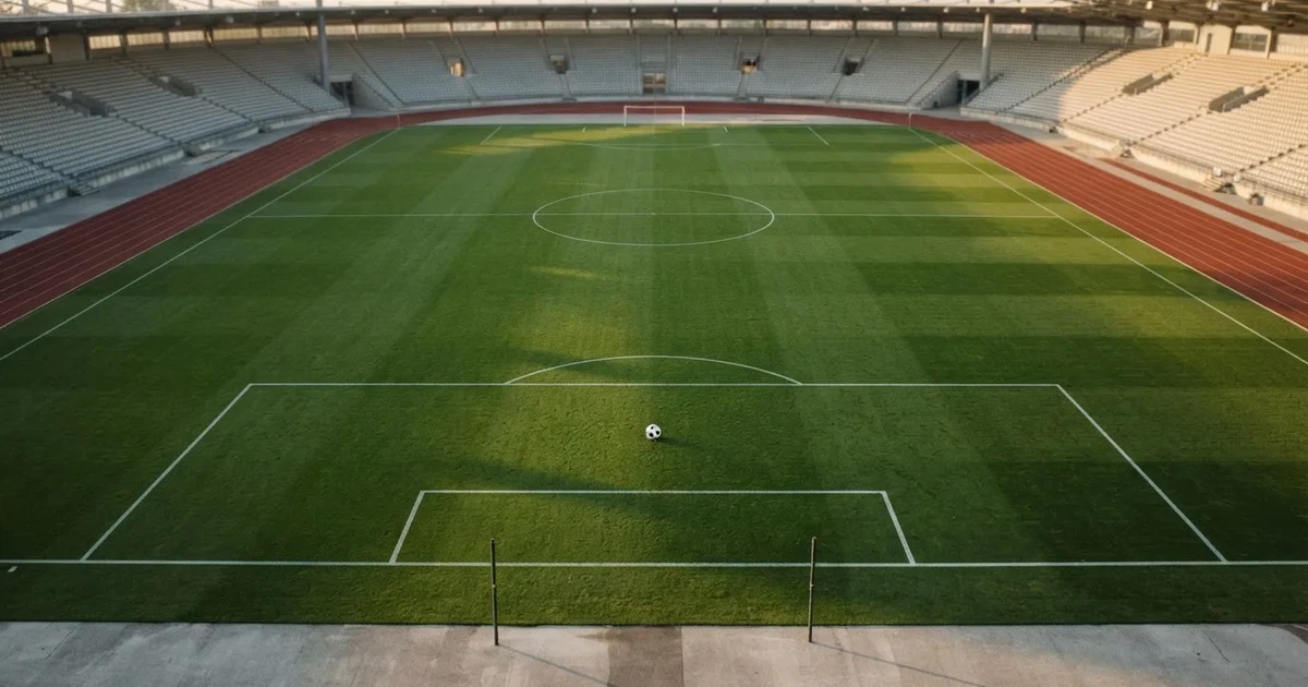 Ein Spielfeld aus der Vogelperspektive mit frisch gezogenen weißen Linien, ein einzelner Ball liegt im Strafraum, niemand ist zu sehen.