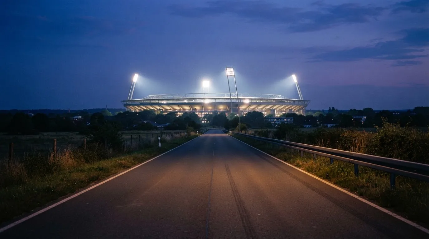 Ein Flutlichtstadion erhebt sich bei Dämmerung in der Ferne hinter einer leeren Landstraße, die Lichter sind eingeschaltet.