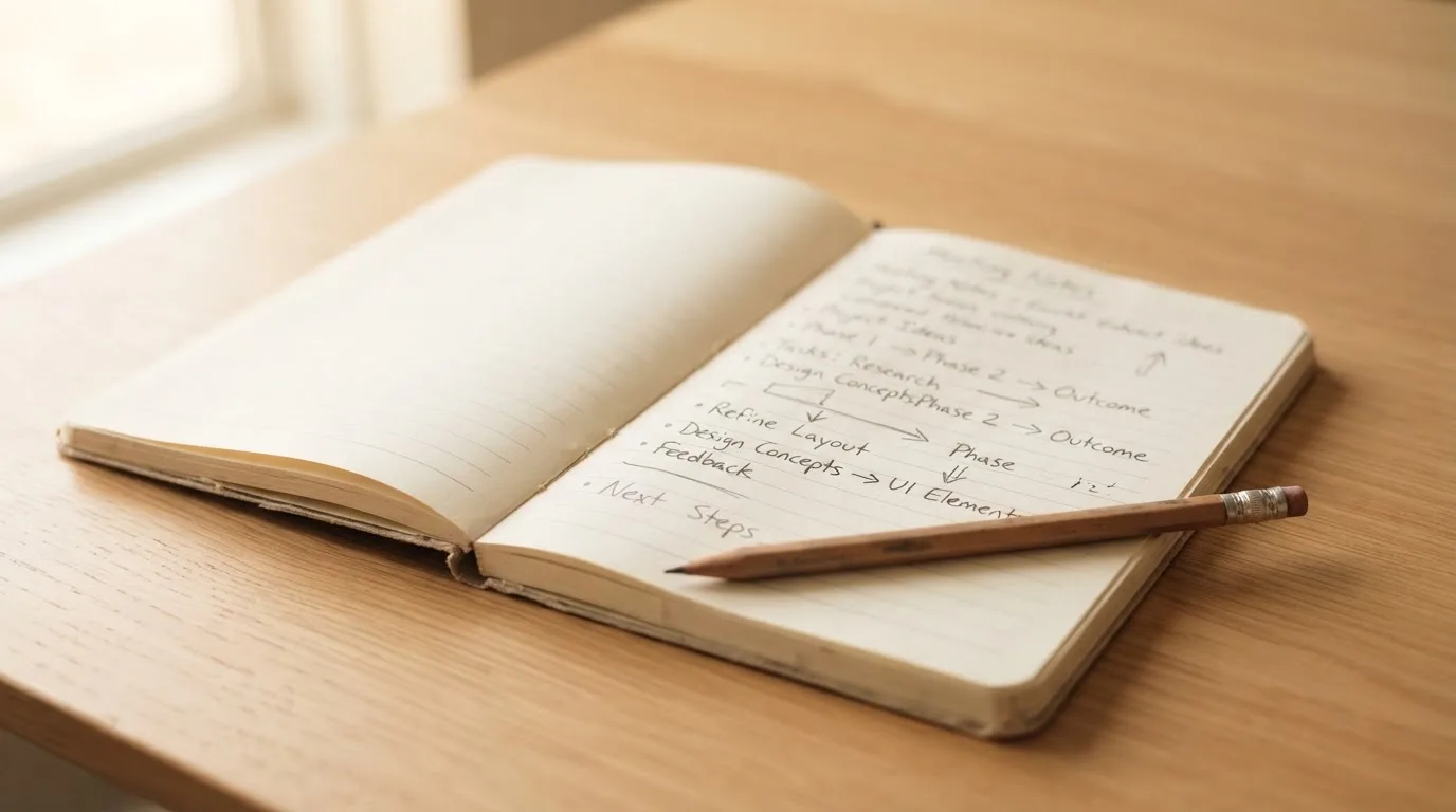 Ein aufgeschlagenes Notizbuch mit handschriftlichen Notizen und Pfeilen liegt neben einem Bleistift auf einem Holztisch, Tageslicht von links.