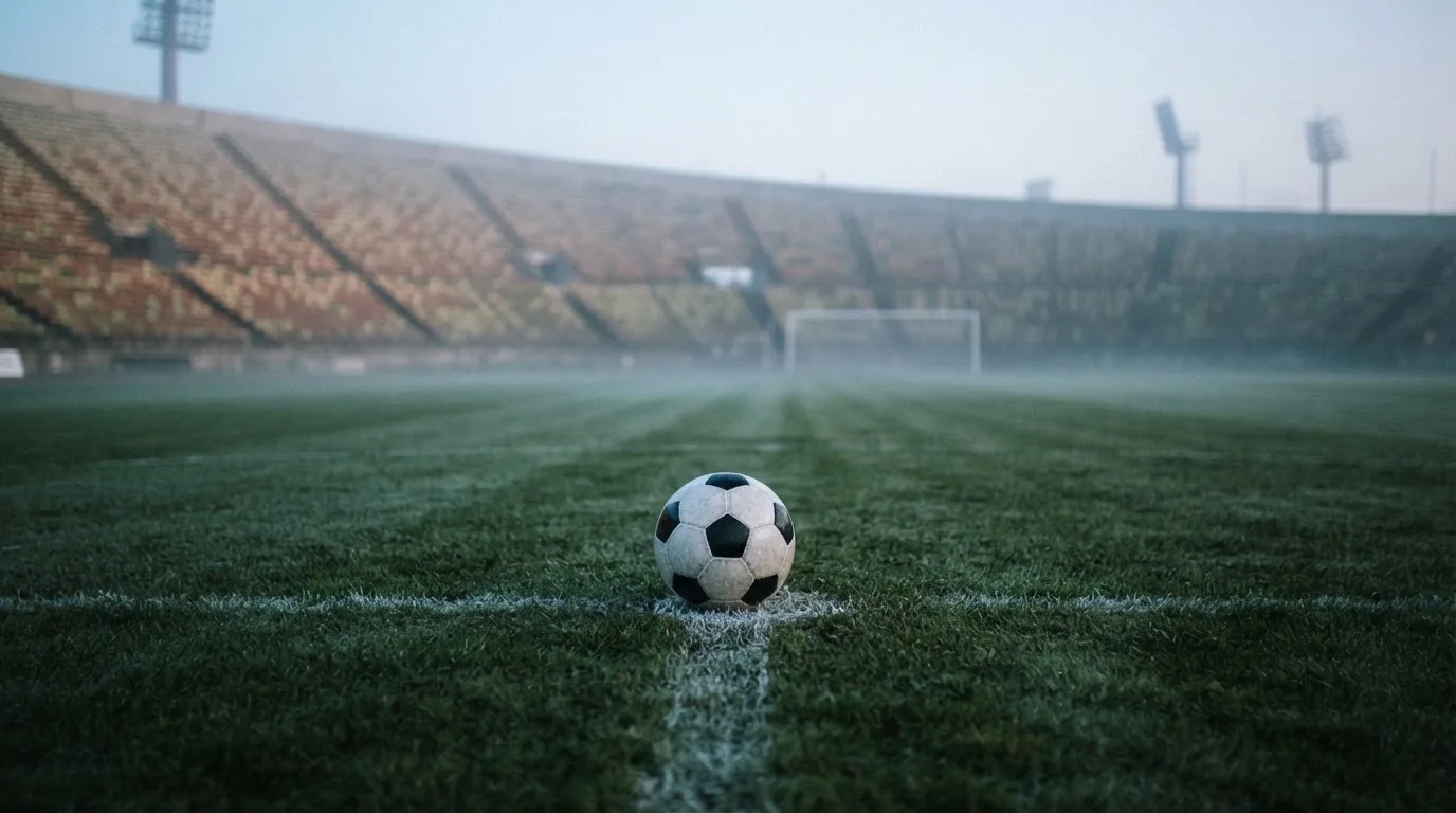 Ein Fußball liegt auf dem Rasen vor einer leeren Tribüne am frühen Morgen, Tau glänzt auf dem Gras.