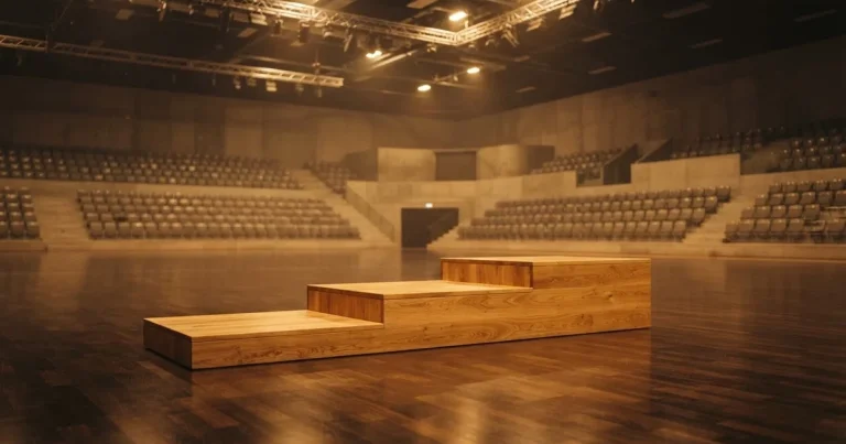 Ein Podium aus hellem Holz steht in einer leeren Sporthalle unter Hallenlicht, ohne Beschriftung oder Zahlen, niemand ist zu sehen.