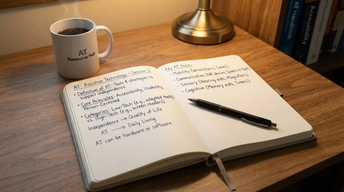 Ein Notizbuch mit handschriftlichen Notizen und ein Kugelschreiber liegen auf einem Schreibtisch neben einer Tasse, Blick schräg von oben.