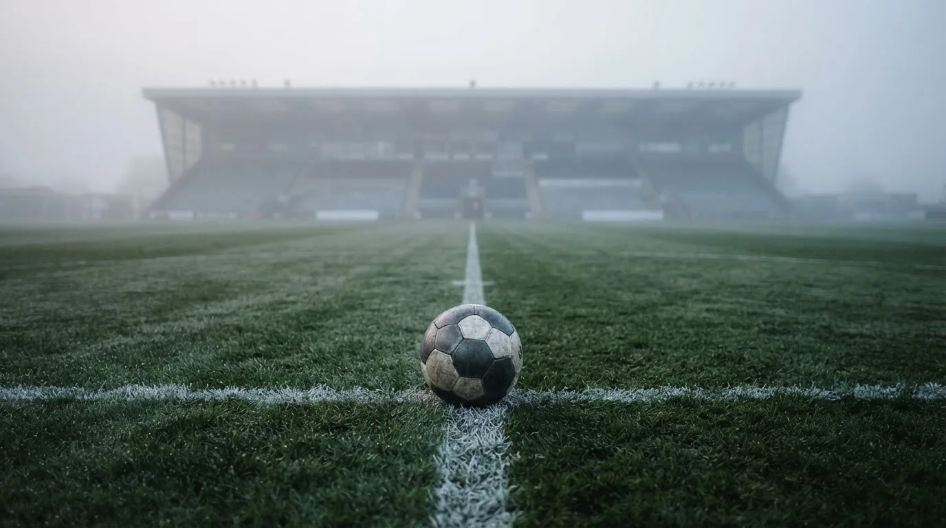 Ein Fußball liegt auf dem Anstoßpunkt eines leeren Rasenplatzes im Morgendunst, im Hintergrund eine ferne Tribüne.