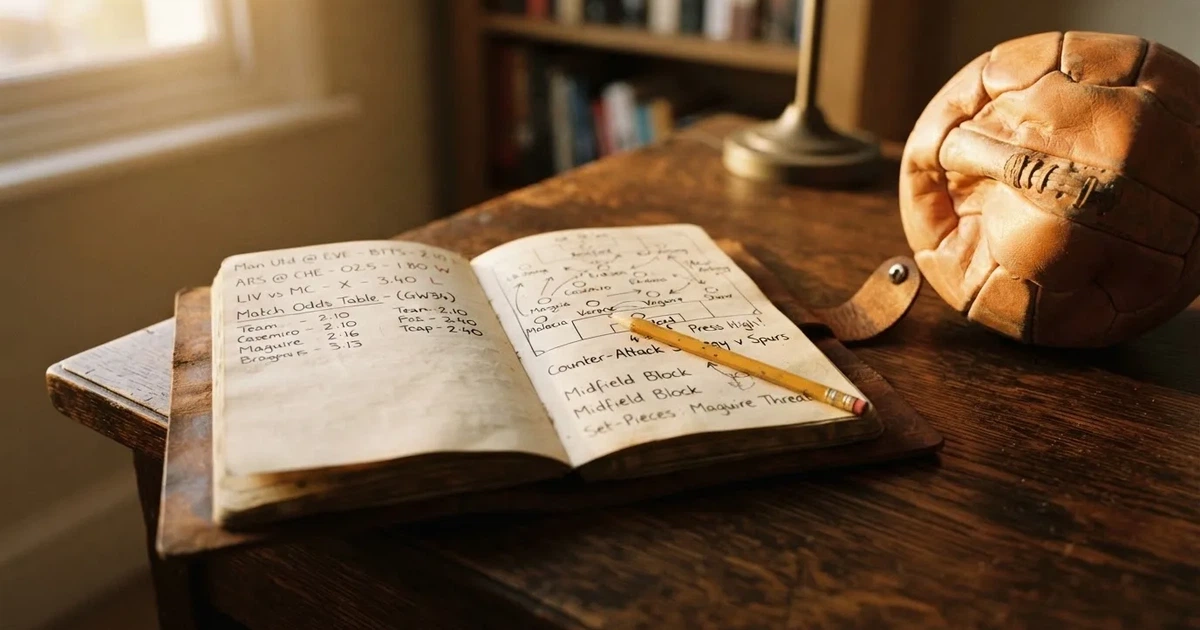 Ein Notizbuch mit handschriftlichen Notizen und kleinen Skizzen liegt aufgeschlagen neben einem Bleistift auf einem Schreibtisch, daneben ein Fußball.