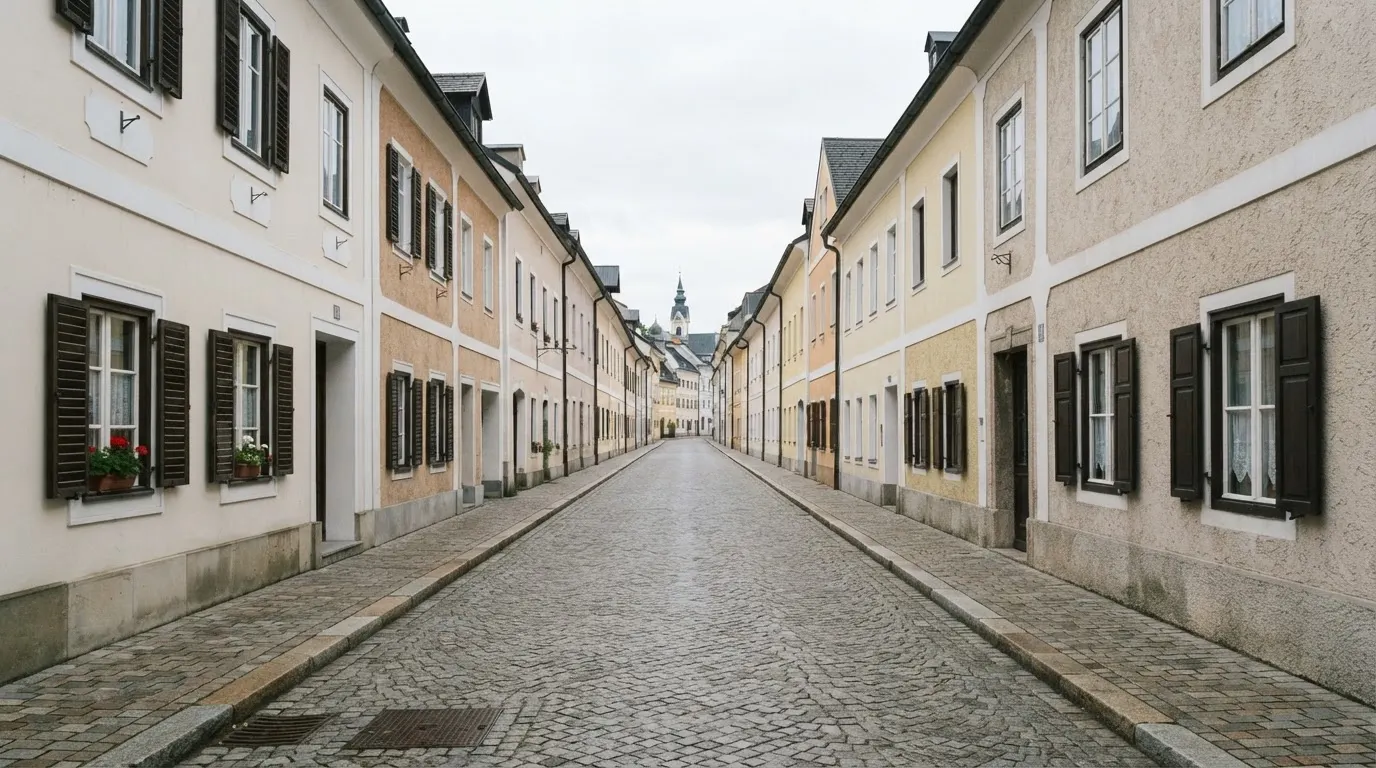 Ein Straßenzug mit hellen Fassaden an einem ruhigen Vormittag, kein Verkehr, keine Schilder, niemand ist zu sehen.