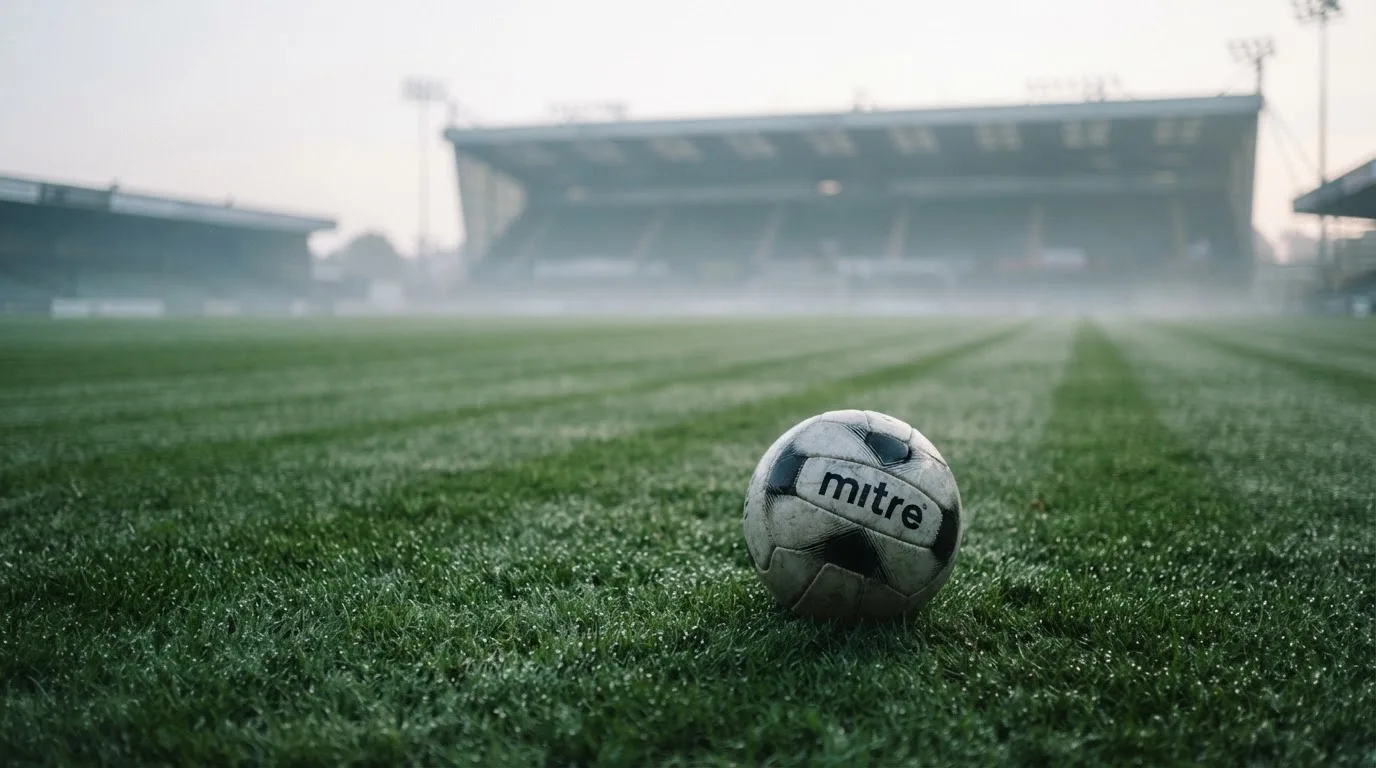 Ein Fußball liegt auf einem Rasenplatz, im Hintergrund eine ferne Tribüne im Morgendunst, Tau glänzt im Gras.