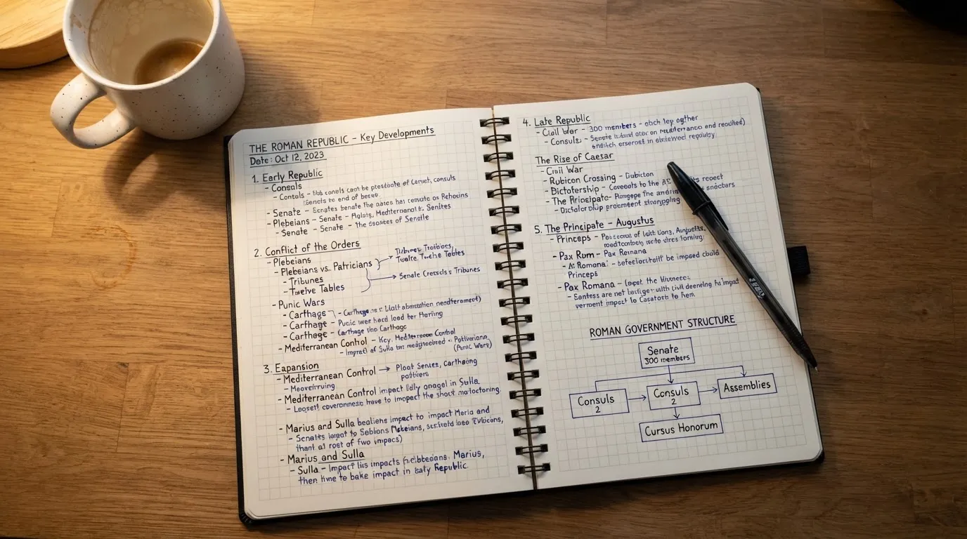 Ein Notizbuch mit handschriftlichen Notizen und ein Kugelschreiber liegen auf einem Schreibtisch neben einer Tasse, Blick schräg von oben.