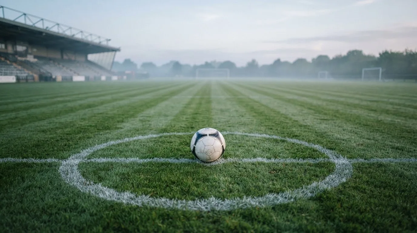 Ein Fußball liegt auf dem Mittelkreis eines leeren Rasenplatzes am frühen Morgen, im Hintergrund eine ferne Tribüne im Dunst.