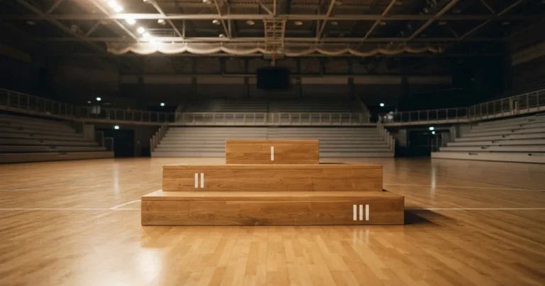 Ein Podium aus hellem Holz steht in einer leeren Sporthalle unter Hallenlicht, ohne Beschriftung oder Zahlen, niemand ist zu sehen.