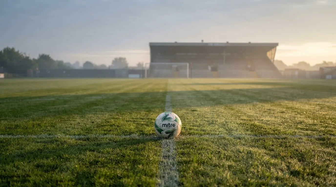 Ein Fußball liegt auf dem Mittelkreis eines leeren Rasenplatzes am frühen Morgen, im Hintergrund eine ferne Tribüne im Dunst.