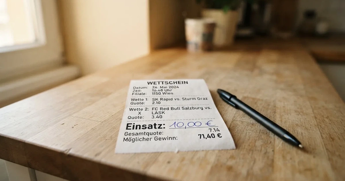 Ein leerer Papier-Wettschein ohne Aufdruck liegt neben einem Kugelschreiber auf einem hellen Tresen, weiches Seitenlicht.