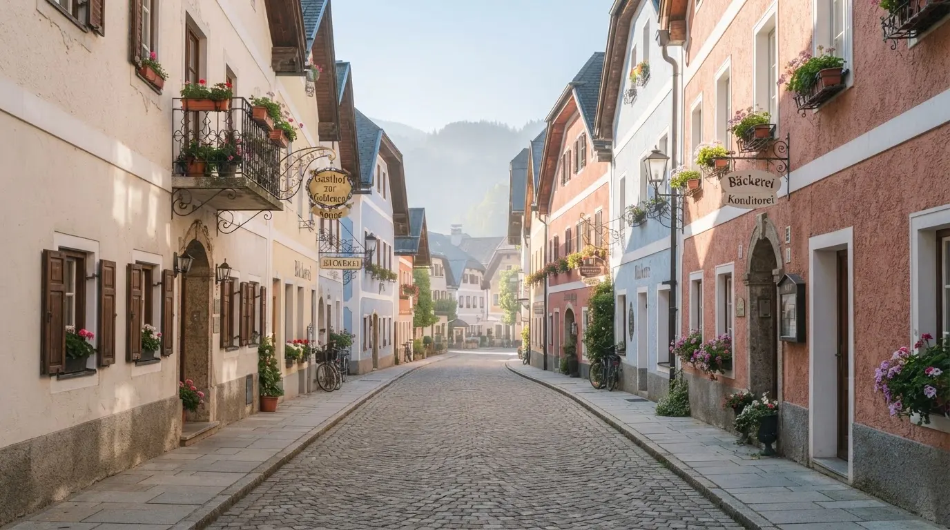 Ein ruhiger Straßenzug in einer Altstadt am Vormittag, helle Fassaden, keine Schilder, niemand ist zu sehen.