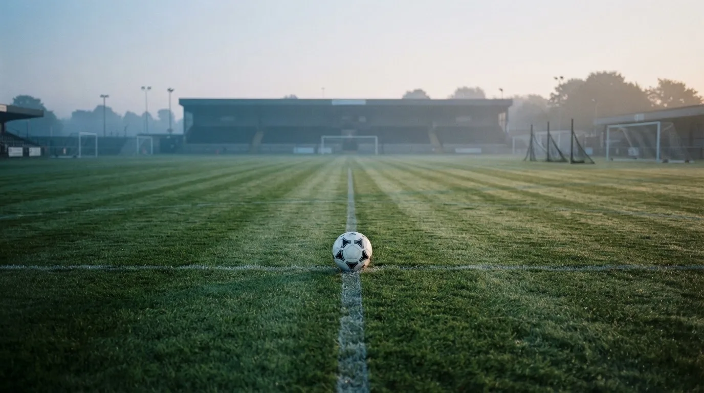 Ein Fußball liegt auf dem Mittelkreis eines leeren Rasenplatzes am frühen Morgen, im Hintergrund eine ferne Tribüne im Dunst.