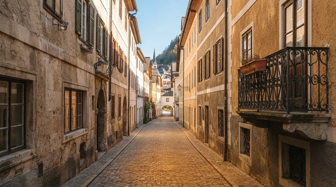 Ein ruhiger Straßenzug in einer Altstadt am Vormittag, helle Fassaden, keine Schilder, niemand ist zu sehen.