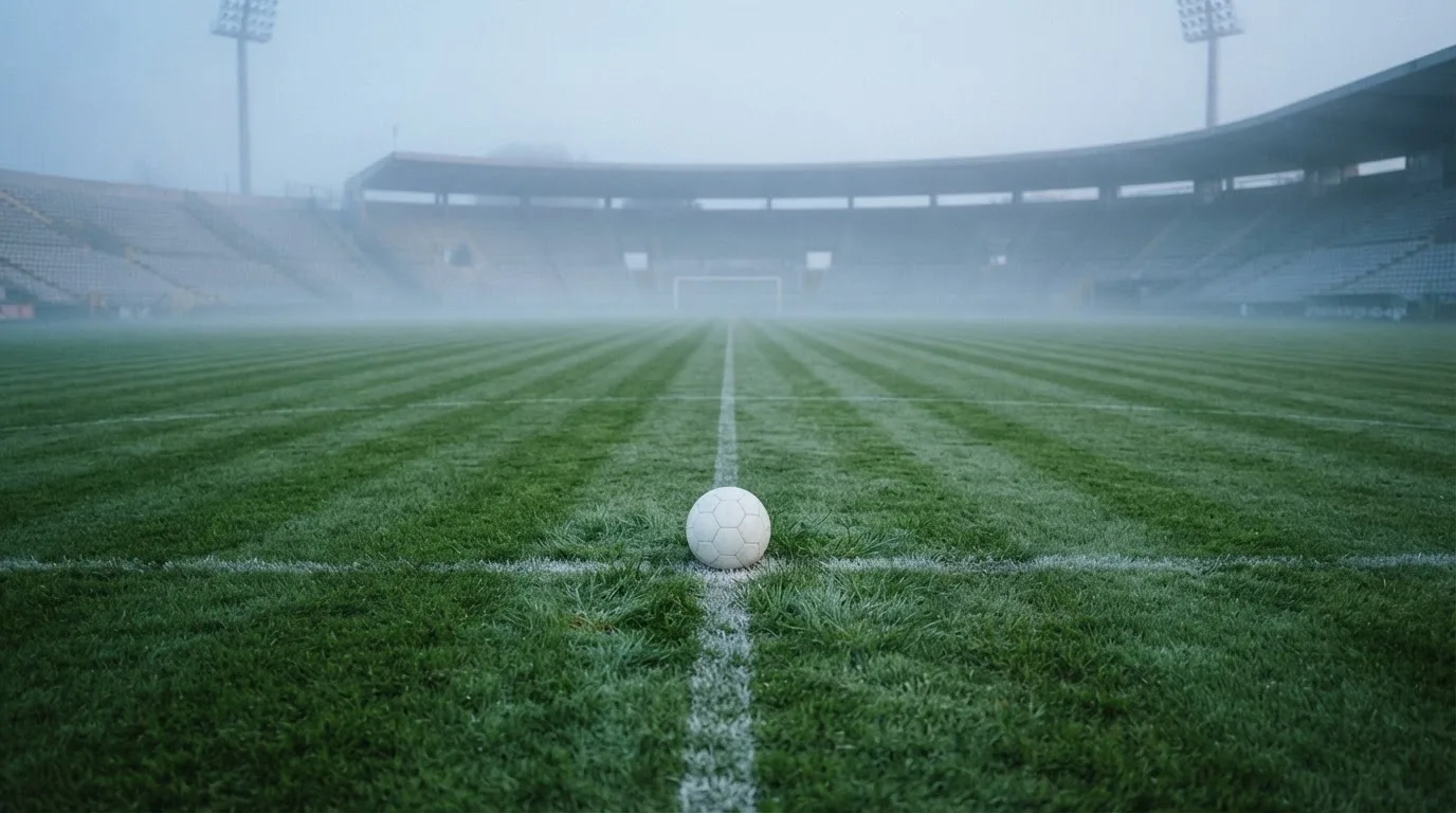 Ein Fußball liegt auf dem Mittelkreis eines leeren Rasenplatzes am frühen Morgen, im Hintergrund eine ferne Tribüne im Dunst.