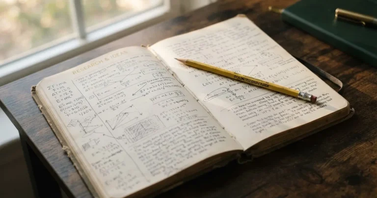 Ein Notizbuch mit handschriftlichen Notizen und kleinen Skizzen liegt aufgeschlagen neben einem Bleistift auf einem Schreibtisch, Fensterlicht von links.