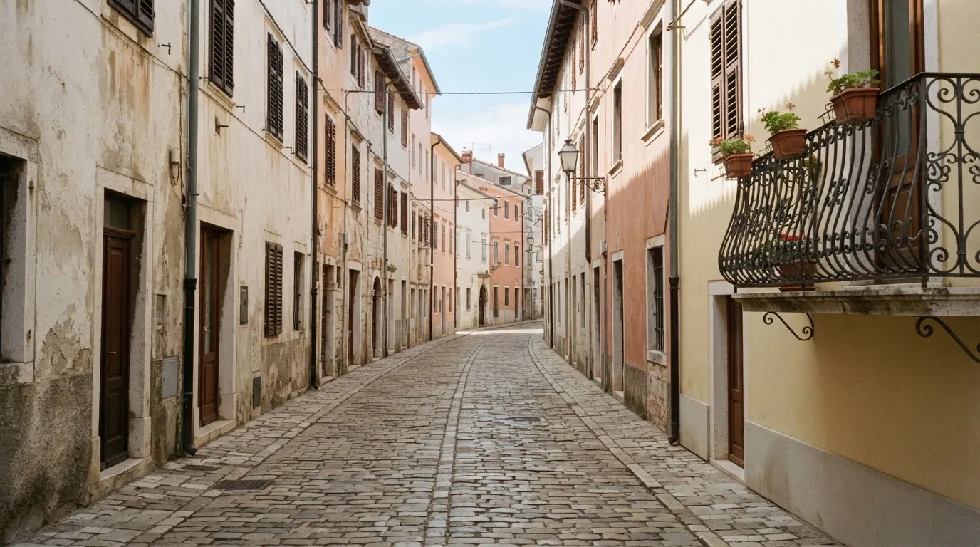 Ein ruhiger Straßenzug in einer Altstadt am Vormittag, helle Fassaden, keine Schilder, niemand ist zu sehen.