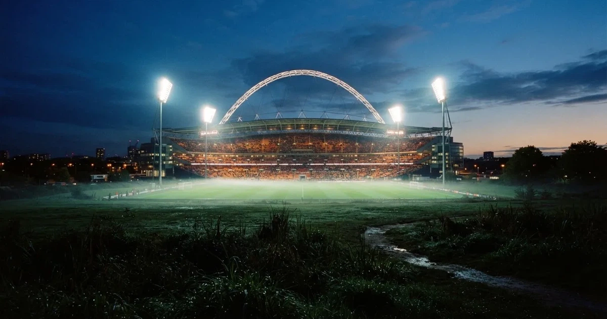 Ein Stadion unter Flutlicht aus der Ferne am Abend, hell erleuchtet, Nebel liegt über dem Rasen.