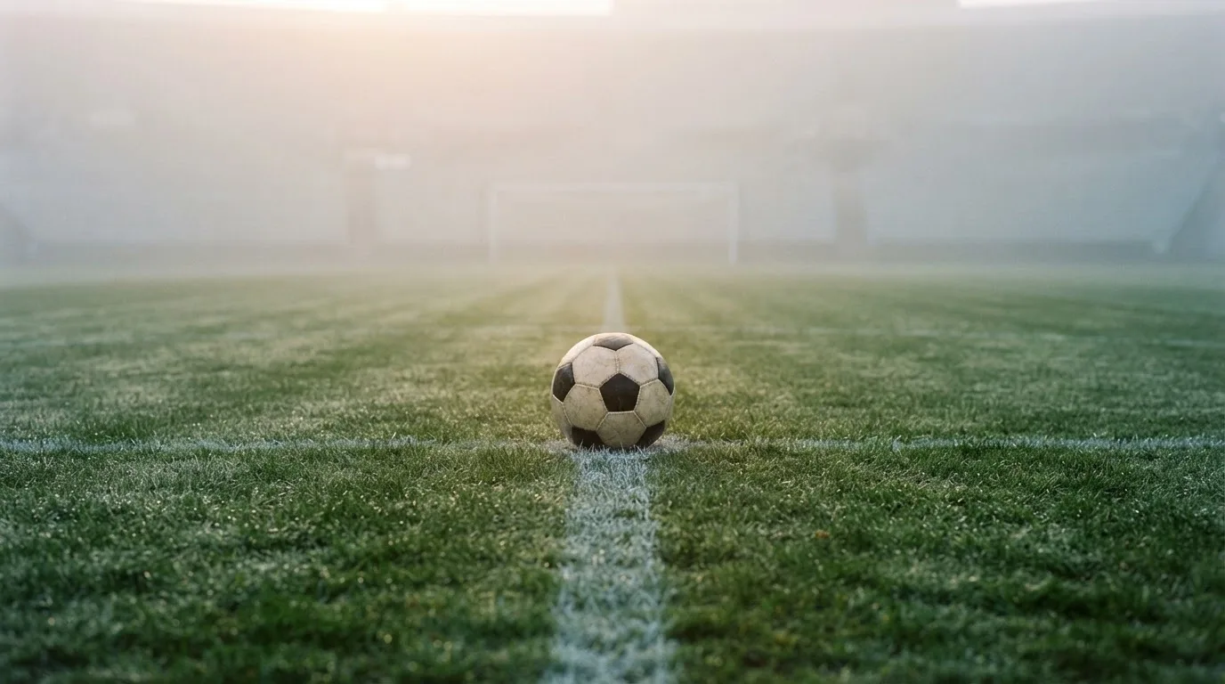 Ein Fußball liegt auf dem Anstoßpunkt eines leeren Rasenplatzes im Morgennebel, im Hintergrund verschwimmen die Tribünen.