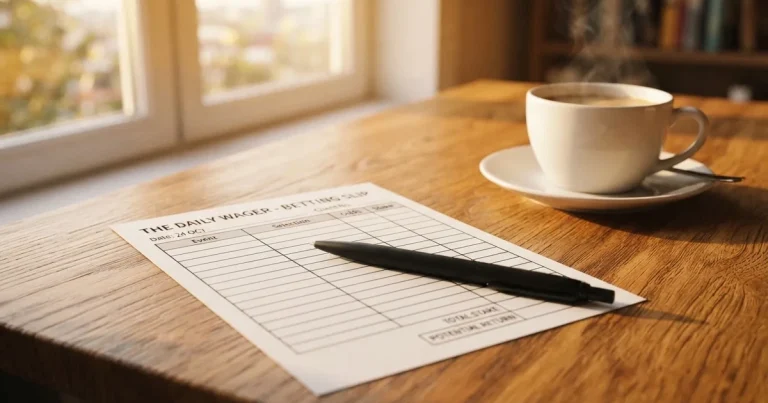 Ein leerer Wettschein aus Papier und ein Kugelschreiber liegen auf einem hellen Holztisch neben einer Kaffeetasse im warmen Seitenlicht.