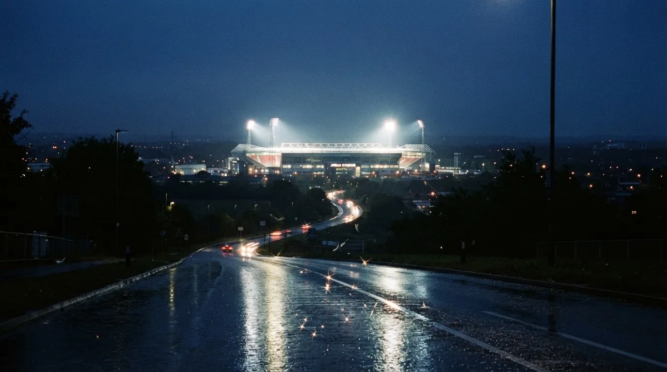 Ein Stadion unter Flutlicht aus großer Entfernung gesehen, davor eine nasse Straße in der Abenddämmerung.