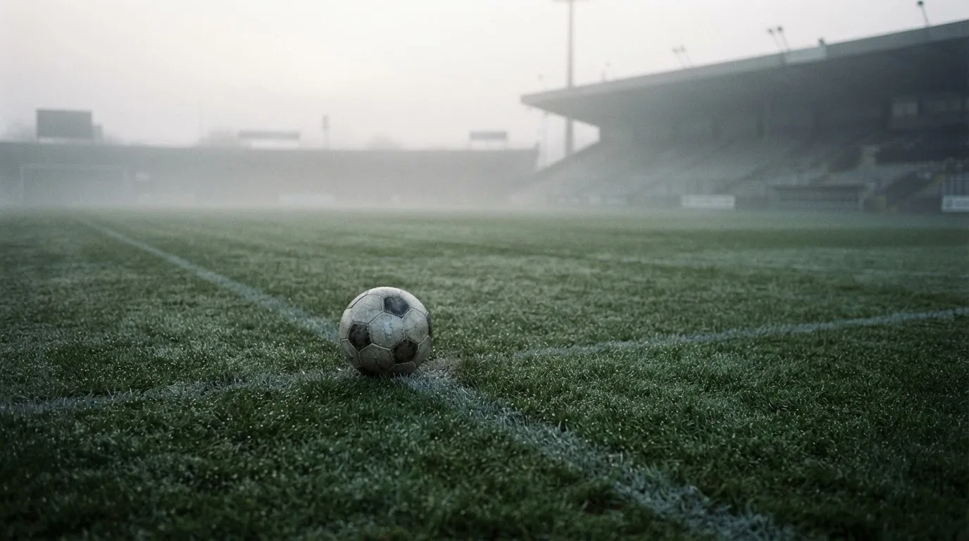 Ein Fußball liegt auf dem Anstoßpunkt eines leeren Rasenplatzes im Morgennebel.