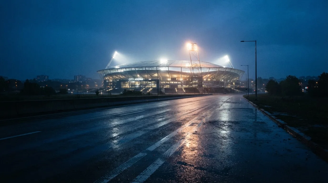 Ein Stadion unter Flutlicht aus großer Entfernung gesehen, davor eine regennasse Straße in der Dämmerung.