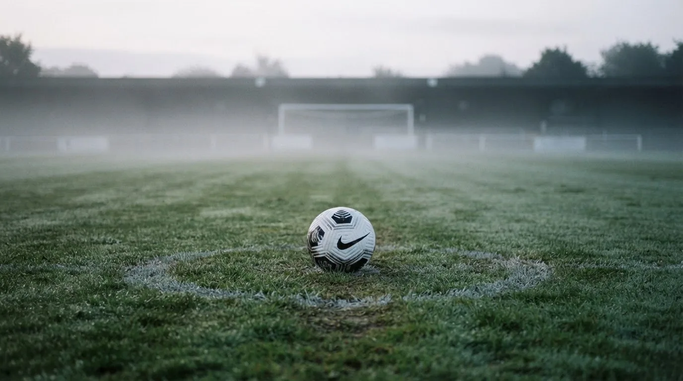 Ein Fußball liegt auf dem Anstoßpunkt eines leeren Rasenplatzes im Morgennebel.