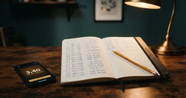 Ein aufgeschlagenes Notizbuch mit handschriftlichen Notizen und ein Bleistift liegen auf einem Schreibtisch im Licht einer Lampe.