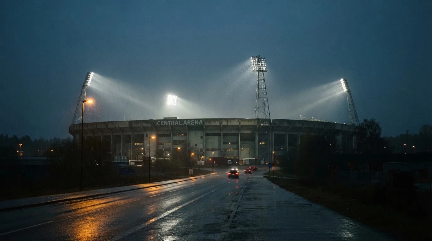 Ein Stadion unter Flutlicht aus großer Entfernung gesehen, davor eine regennasse Straße in der Dämmerung.