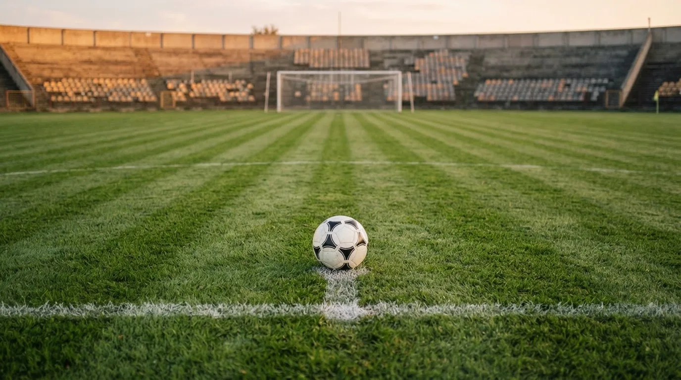 Ein Fußball liegt auf dem Anstoßpunkt eines leeren Rasenplatzes, dahinter eine menschenleere Tribüne im weichen Abendlicht.