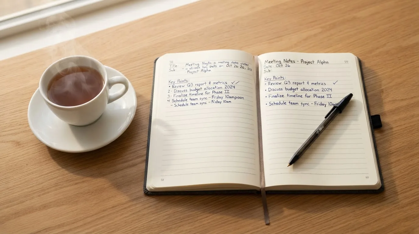 Ein aufgeschlagenes Notizbuch mit handgeschriebenen Notizen und ein Kugelschreiber liegen auf einem Schreibtisch neben einer Tasse Tee.