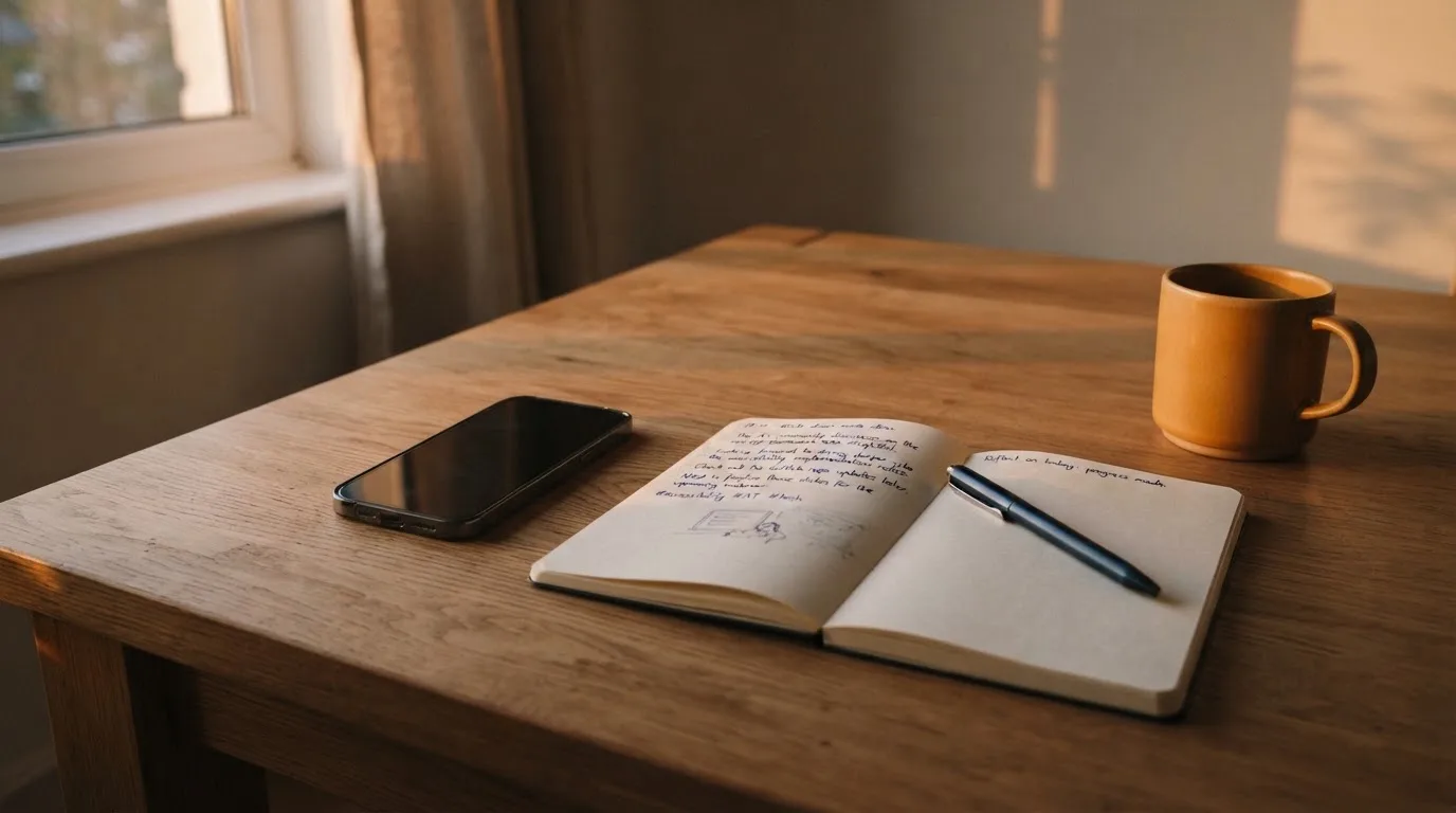 Ein Smartphone mit dunklem Display liegt auf einem Holztisch neben einem Notizbuch, durch das Fenster fällt Abendlicht.