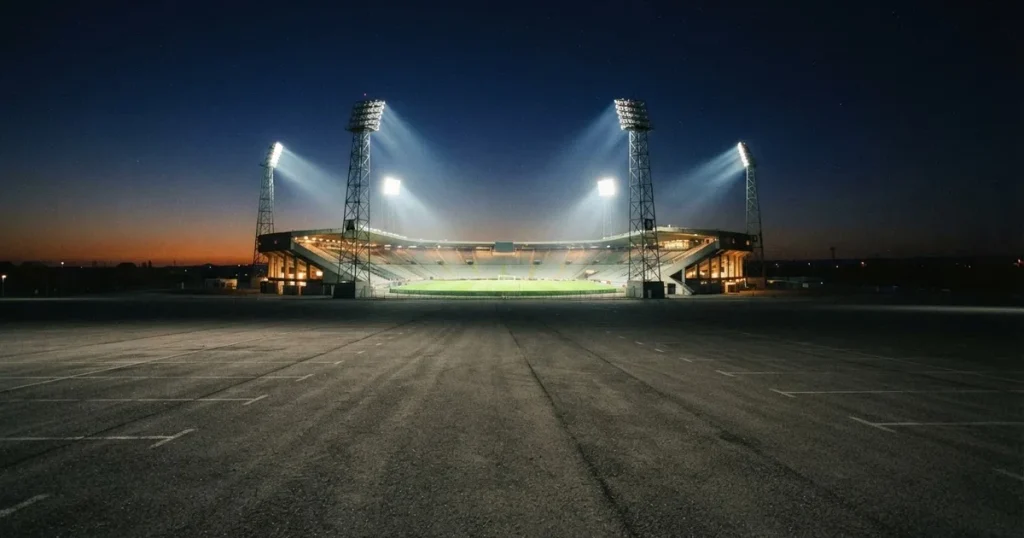 Ein Fußballstadion unter Flutlicht aus großer Entfernung gesehen, die Lichtkegel stehen im dunklen Abendhimmel über leeren Parkplätzen.