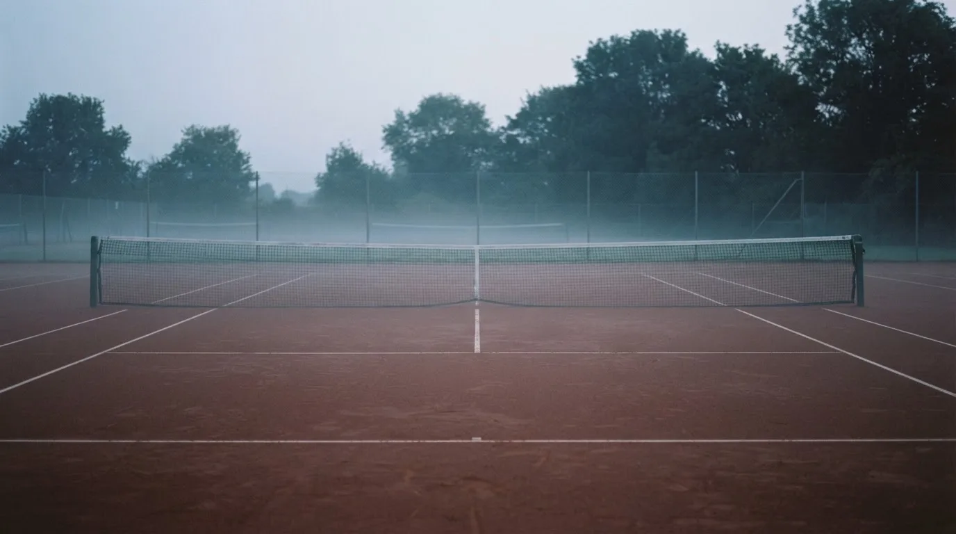 Ein Tennisplatz im Morgengrauen mit Netz und Linien, über dem Sandboden liegt leichter Nebel und niemand ist zu sehen.