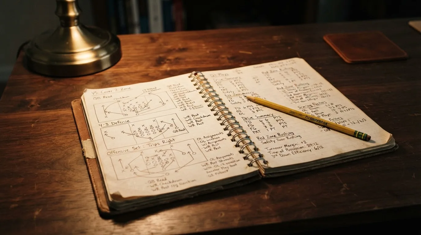 Ein Notizbuch mit handschriftlichen Skizzen und Zahlenreihen liegt aufgeschlagen auf einem Schreibtisch, daneben ein Bleistift.