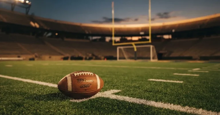 Ein ovaler Football liegt auf dem Rasen vor den gelben Torstangen eines leeren Stadions in der Abenddämmerung.