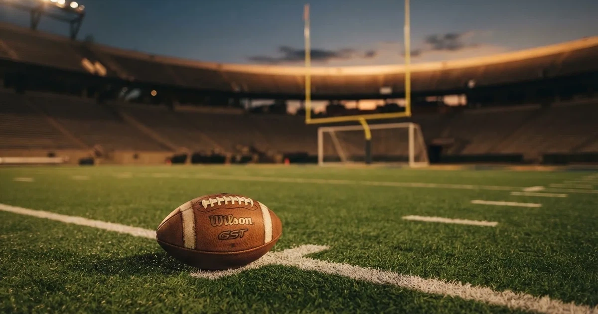 Ein ovaler Football liegt auf dem Rasen vor den gelben Torstangen eines leeren Stadions in der Abenddämmerung.