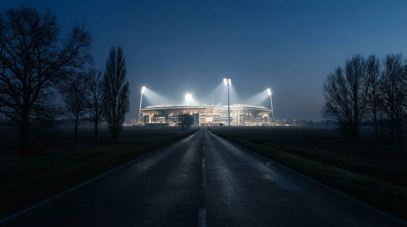 Ein großes Stadion unter Flutlicht aus weiter Entfernung gesehen, davor eine dunkle Landstraße und ein paar Bäume.