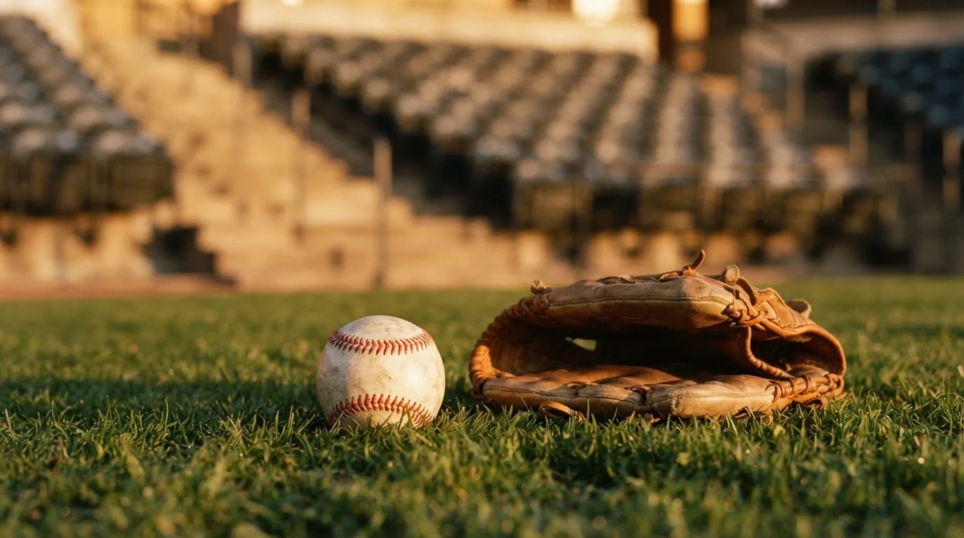 Ein Baseball liegt auf dem Rasen neben einem Lederhandschuh ohne Aufschrift, im Hintergrund eine leere Tribüne im Abendlicht.