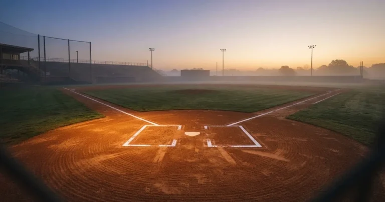 Ein leeres Baseballfeld mit Sandfläche, Basen und weißen Linien in der Morgendämmerung, über dem Rasen liegt leichter Nebel.